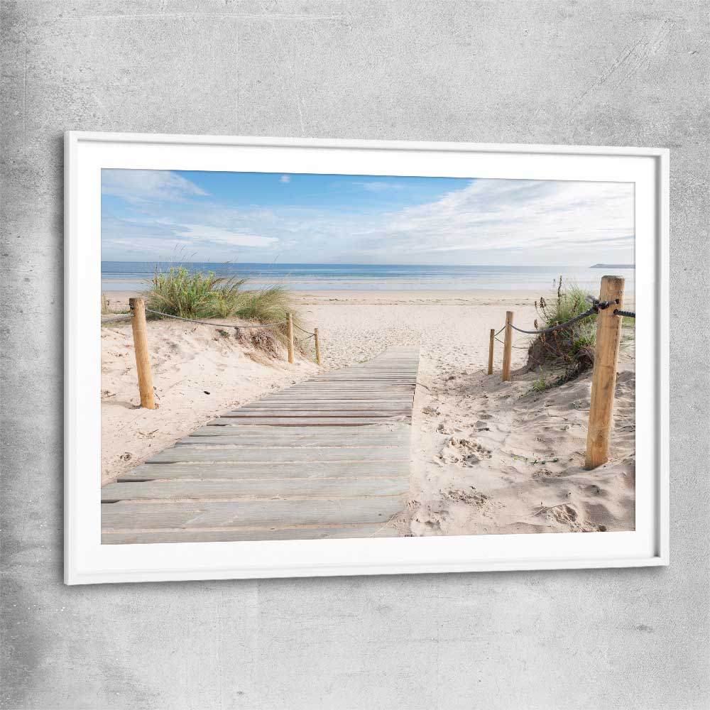 Beach and coastal wall art print of Beautiful Beach Path with white glass front frame