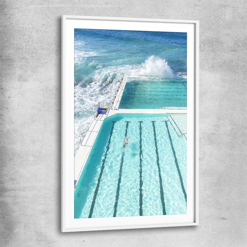 Beach and coastal wall art print of Bondi Iceberg with white glass front frame
