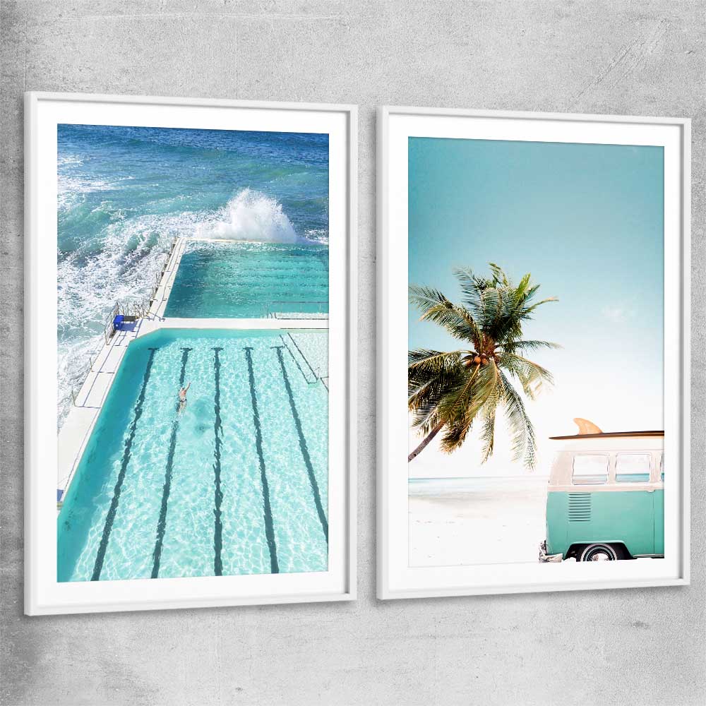 Beach and coastal wall art print of Bondi Iceberg Pair with white glass front frame