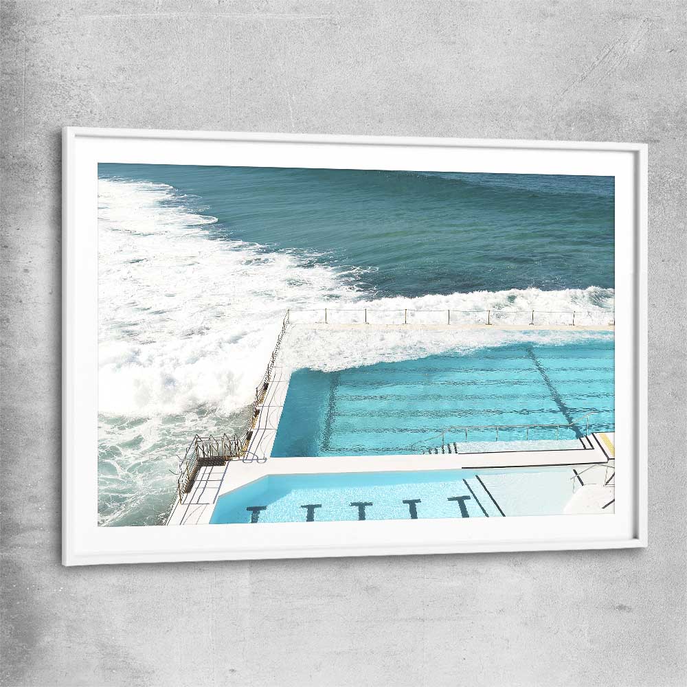Beach and coastal wall art print of Bondi Iceberg Tide with white glass front frame