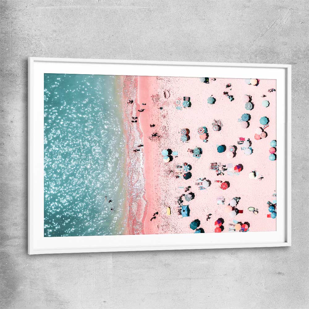 Beach and coastal wall art print of Bondi Pink Aerial with white glass front frame