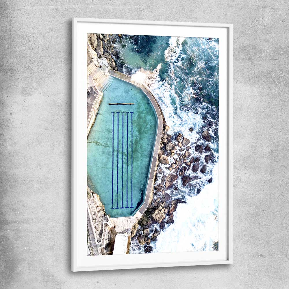 Beach and coastal wall art print of Bronte Rock Pool with white glass front frame