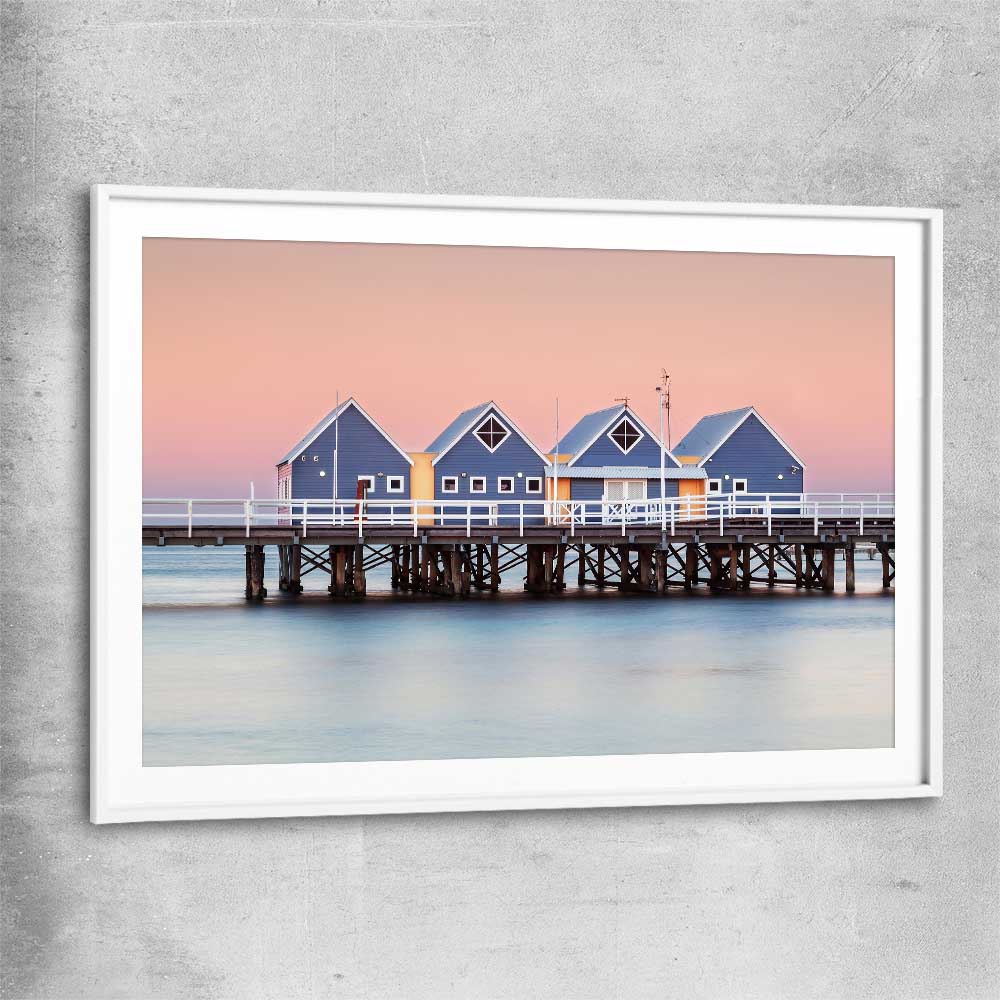 Beach and coastal wall art print of Busselton Jetty with white glass front frame