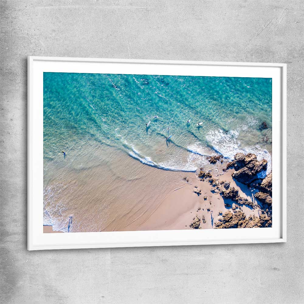 Beach and coastal wall art print of Byron Bay Rocks with white glass front frame