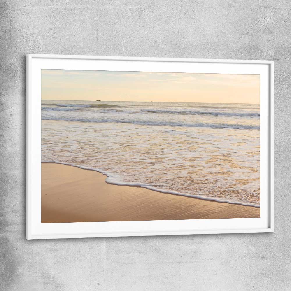 Beach and coastal wall art print of Calm Tides with white glass front frame