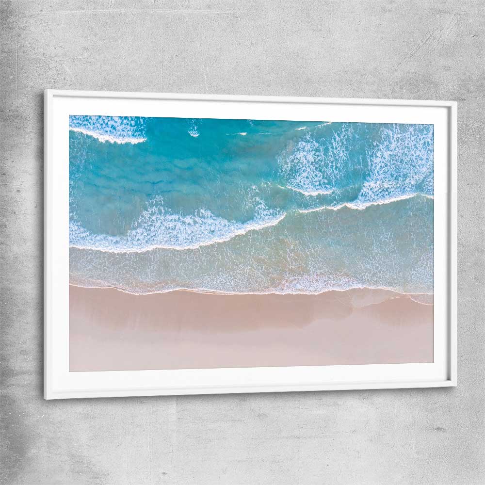 Beach and coastal wall art print of Calm Waves with white glass front frame