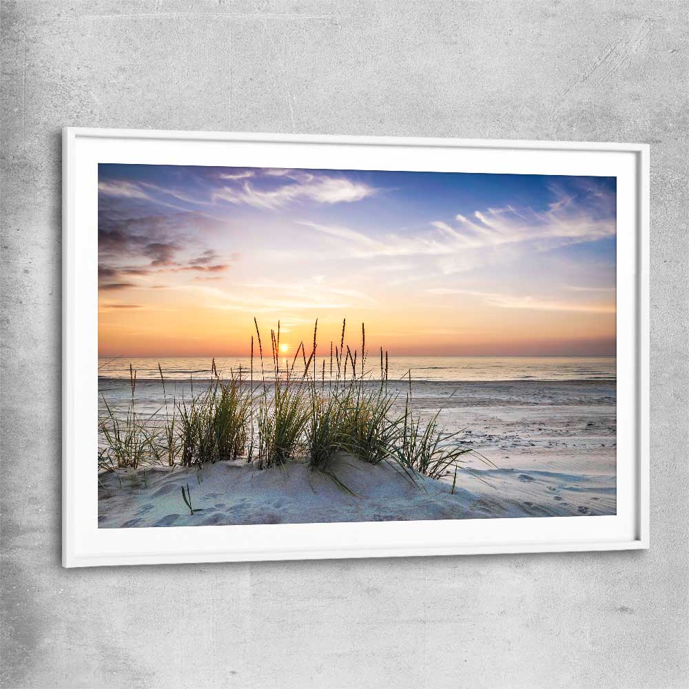 Beach and coastal wall art print of Calming Sunset with white glass front frame