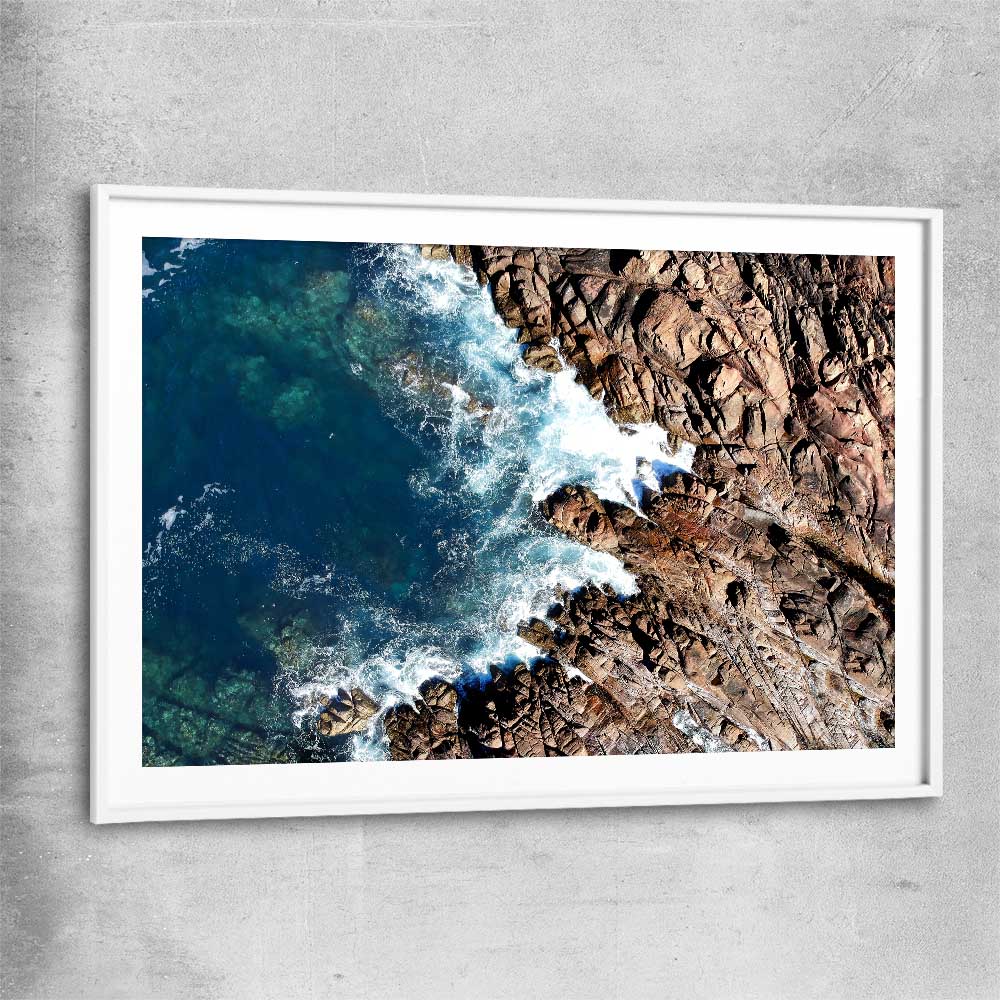 Beach and coastal wall art print of Canal Rocks One with white glass front frame