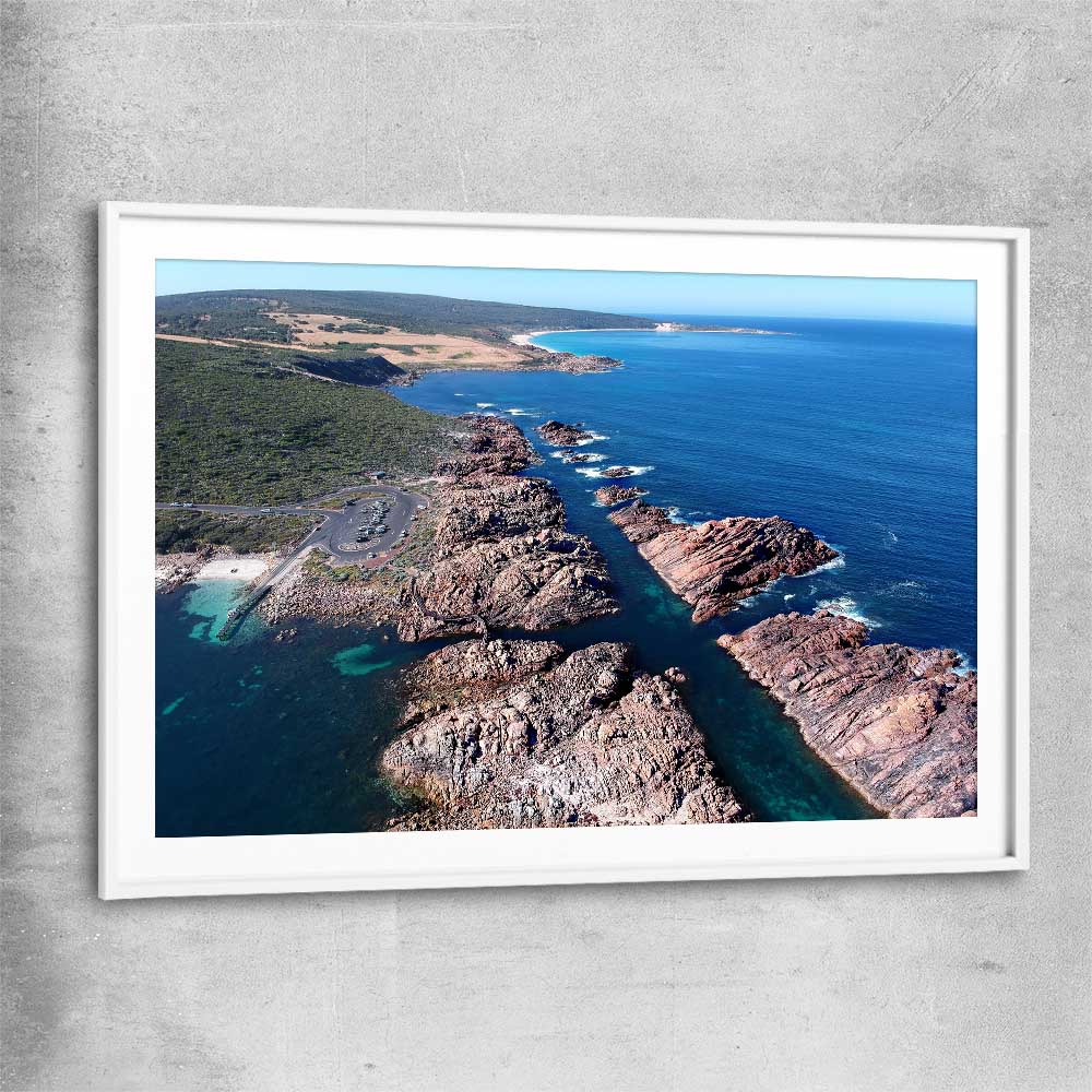 Beach and coastal wall art print of Canal Rocks Two with white glass front frame