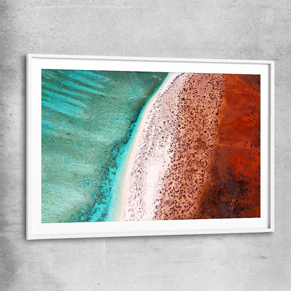 Beach and coastal wall art print of Cape Range Aerial with white glass front frame