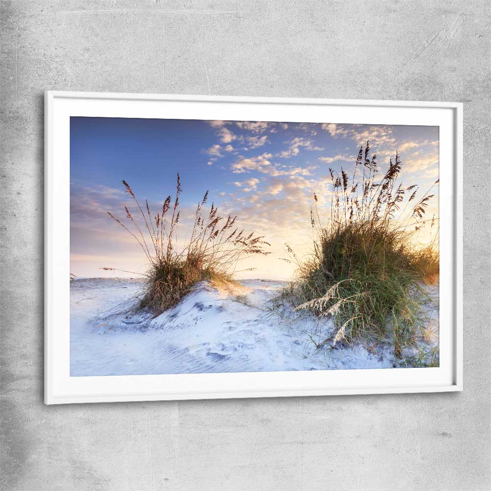Beach and coastal wall art print of Coastal Sunrise with white glass front frame