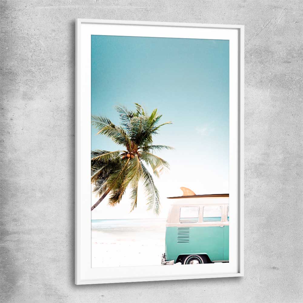 Beach and coastal wall art print of Combi Van Beach with white glass front frame