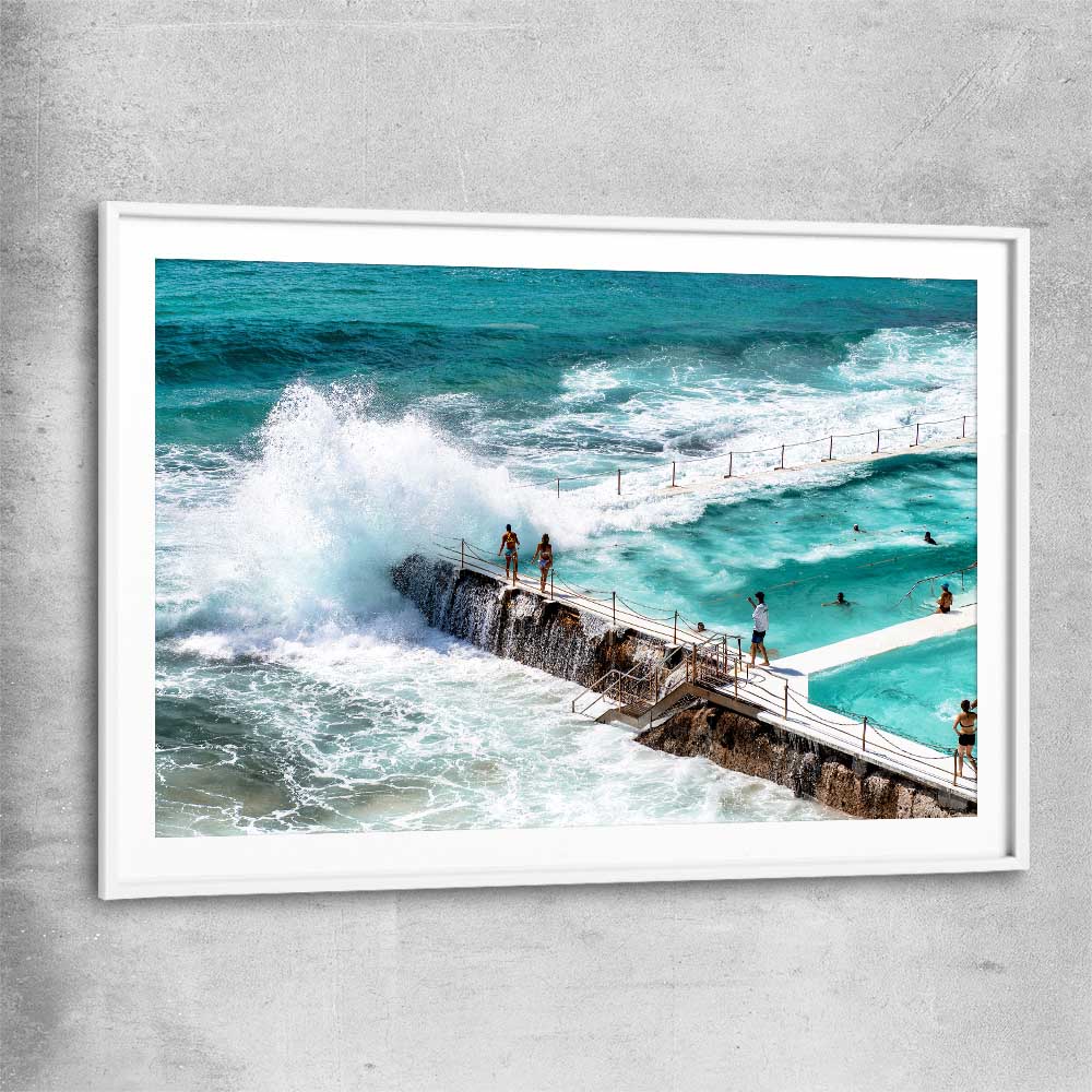 Beach and coastal wall art print of Freezing Icebergs with white glass front frame
