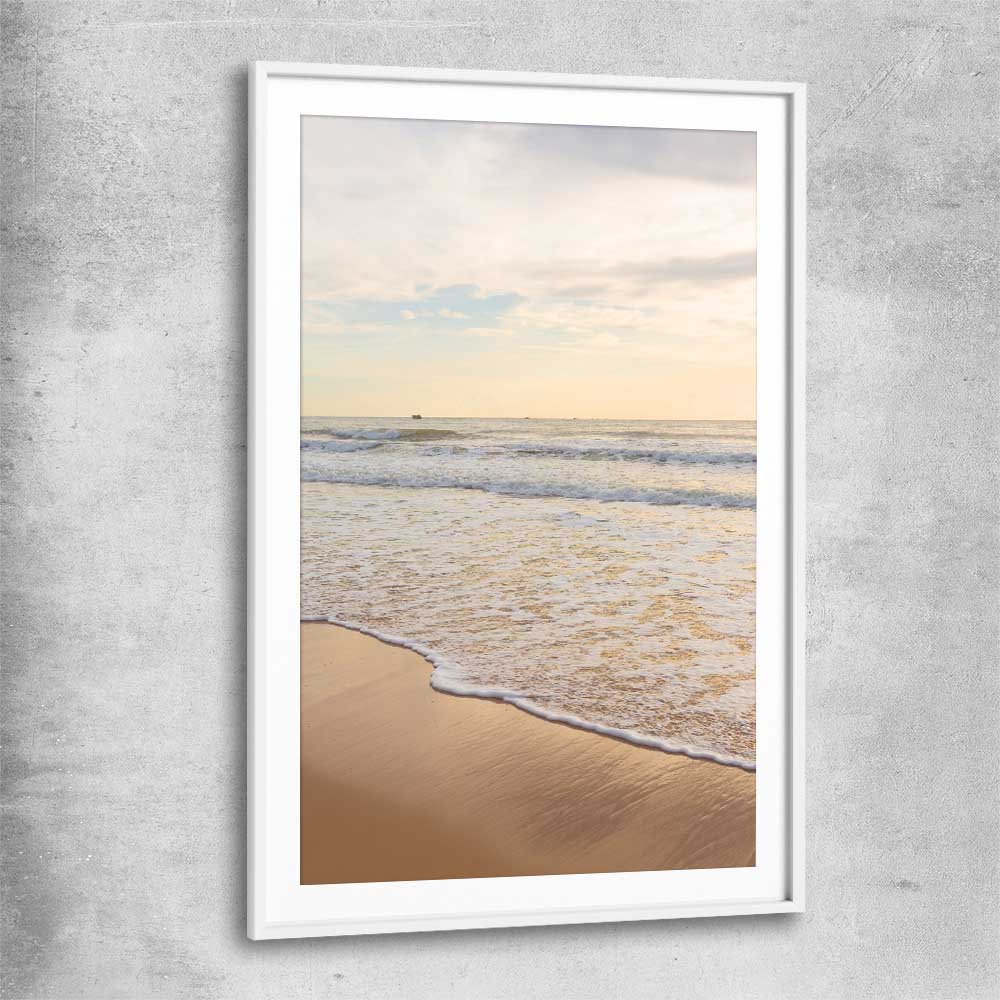 Beach and coastal wall art print of Gentle Tide with white glass front frame