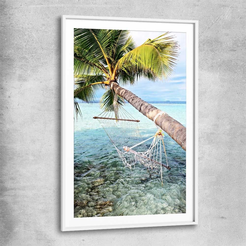 Beach and coastal wall art print of Maldives Hammock with white glass front frame
