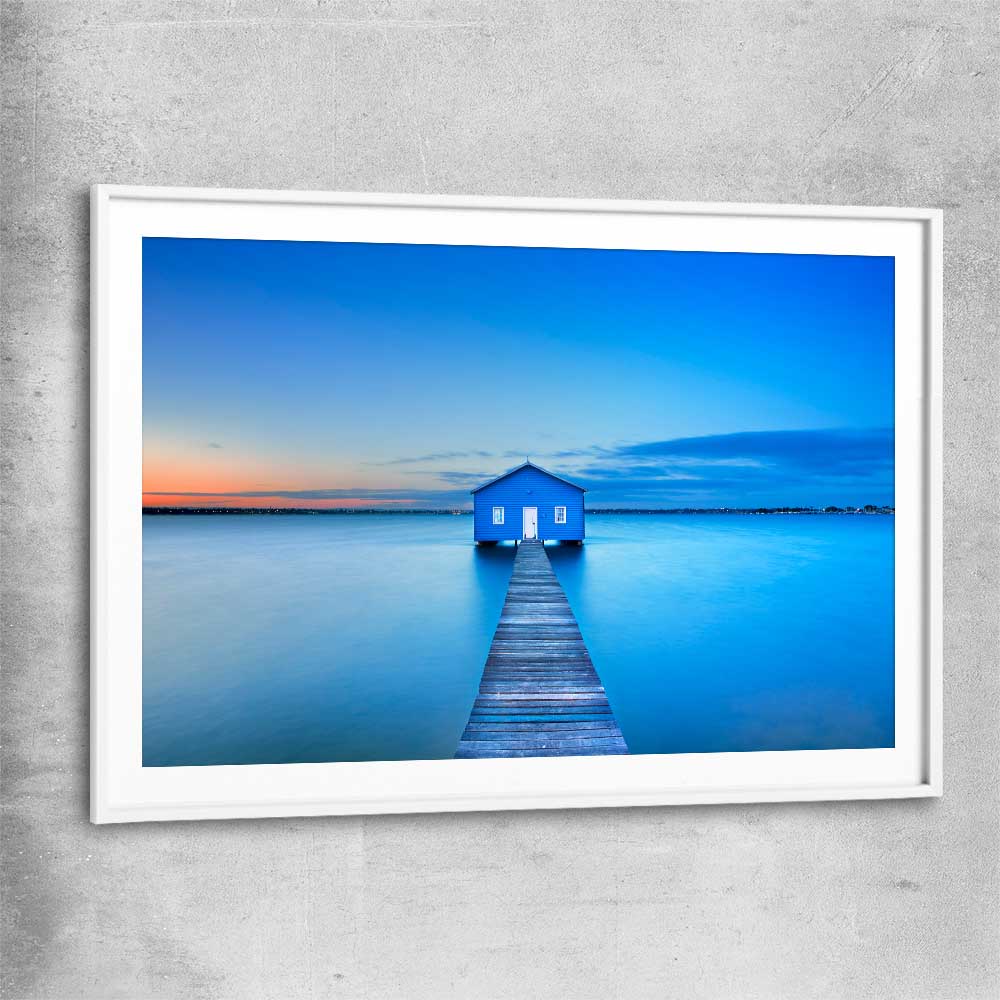 Beach and coastal wall art print of Matilda Bay Boathouse with white glass front frame