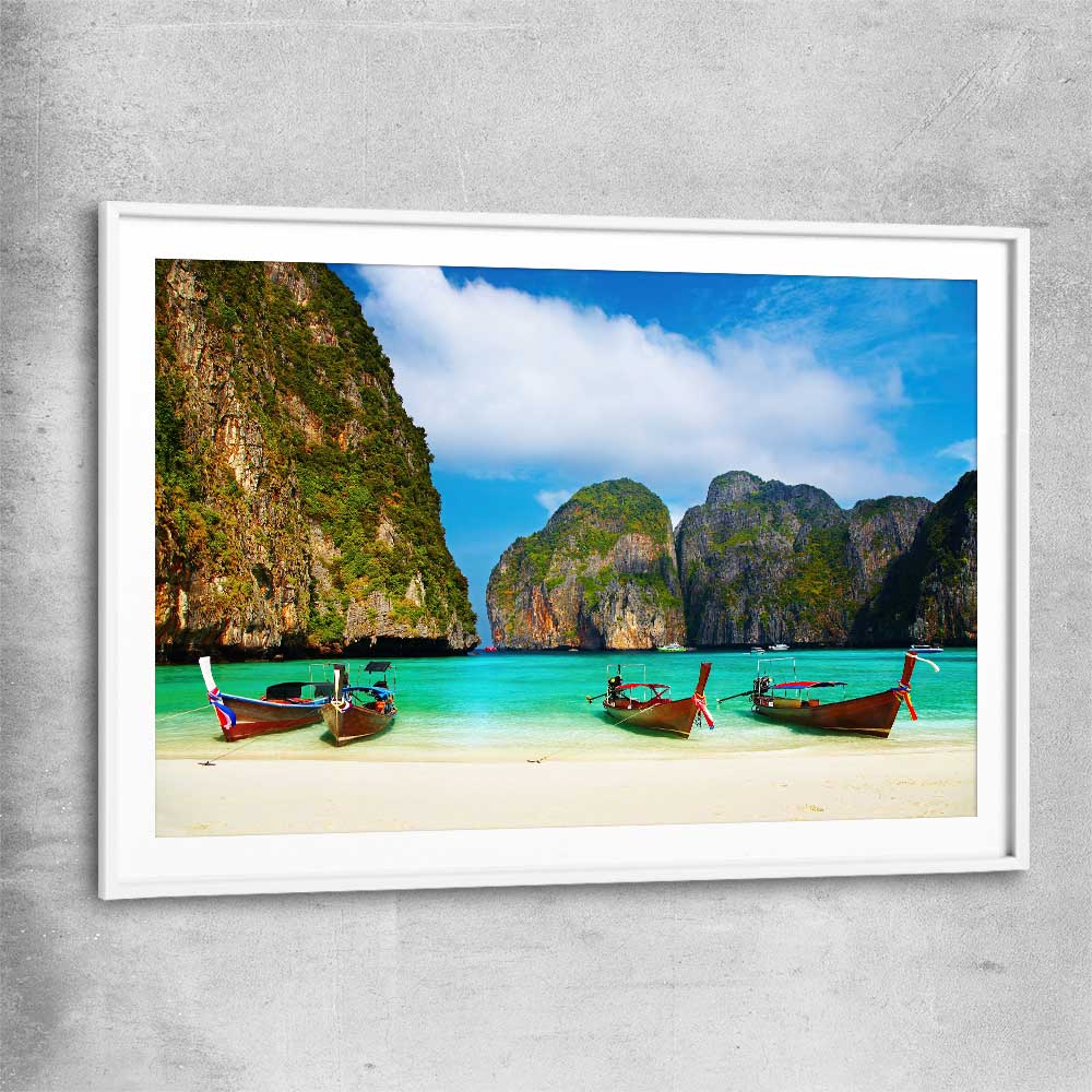 Beach and coastal wall art print of Maya Bay Beach with white glass front frame