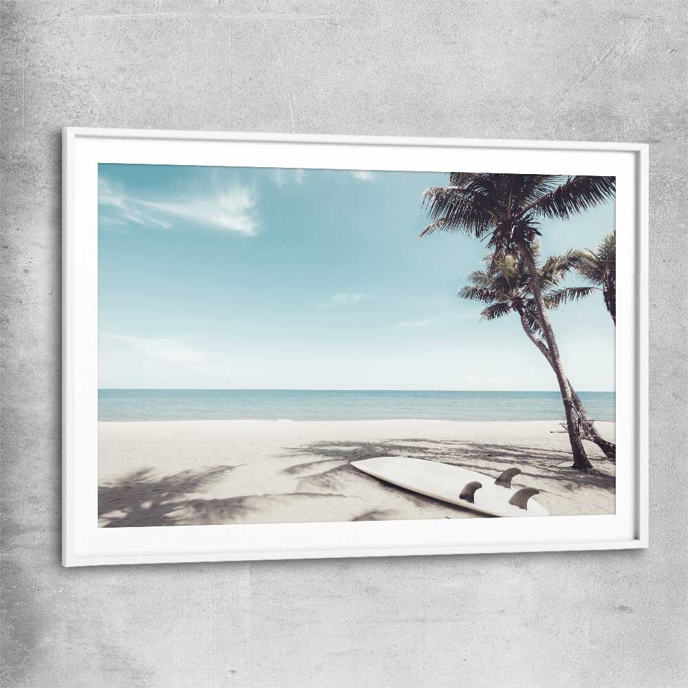 Beach and coastal wall art print of Palm Tropics with white glass front frame