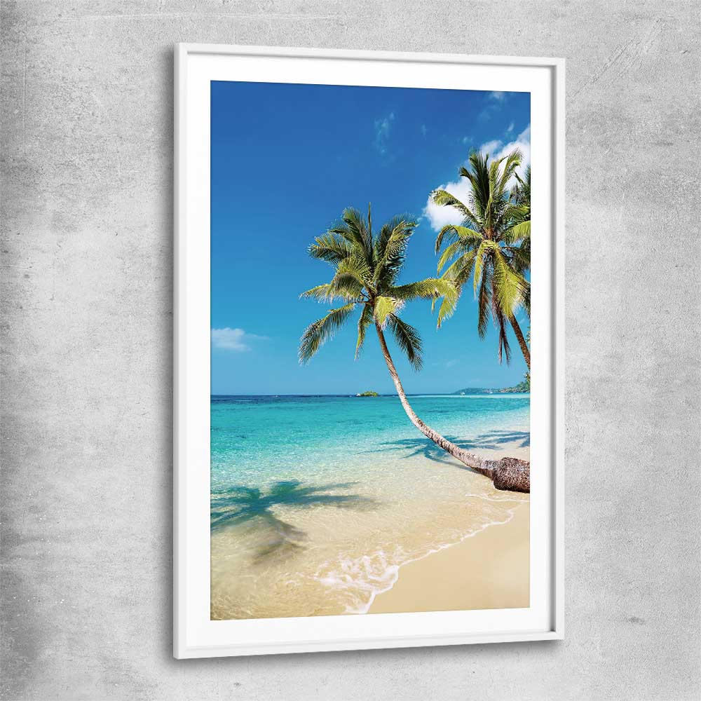 Beach and coastal wall art print of Paradise Palms with white glass front frame