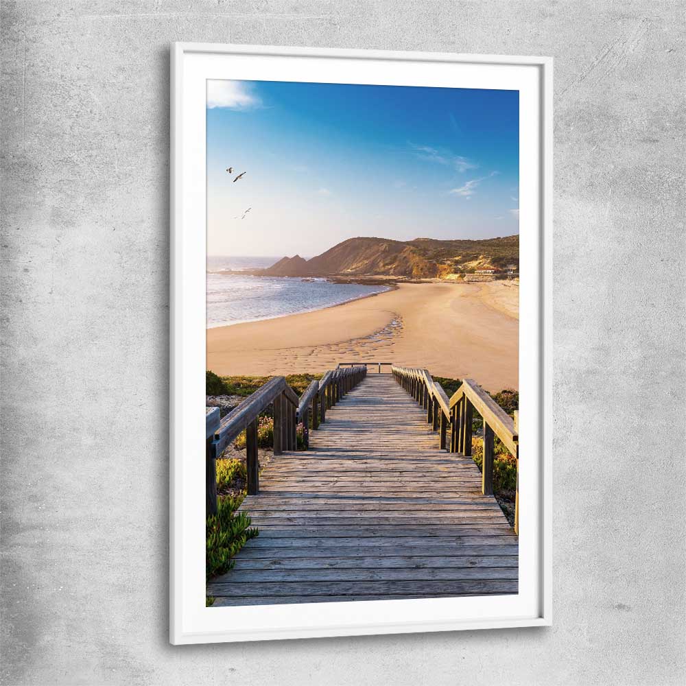 Beach and coastal wall art print of Paradise Walkway with white glass front frame