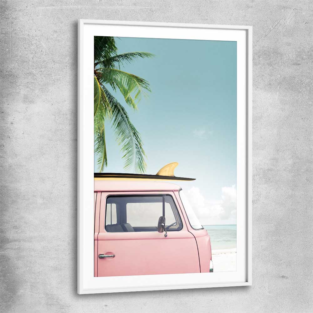 Beach and coastal wall art print of Pink Combi with white glass front frame