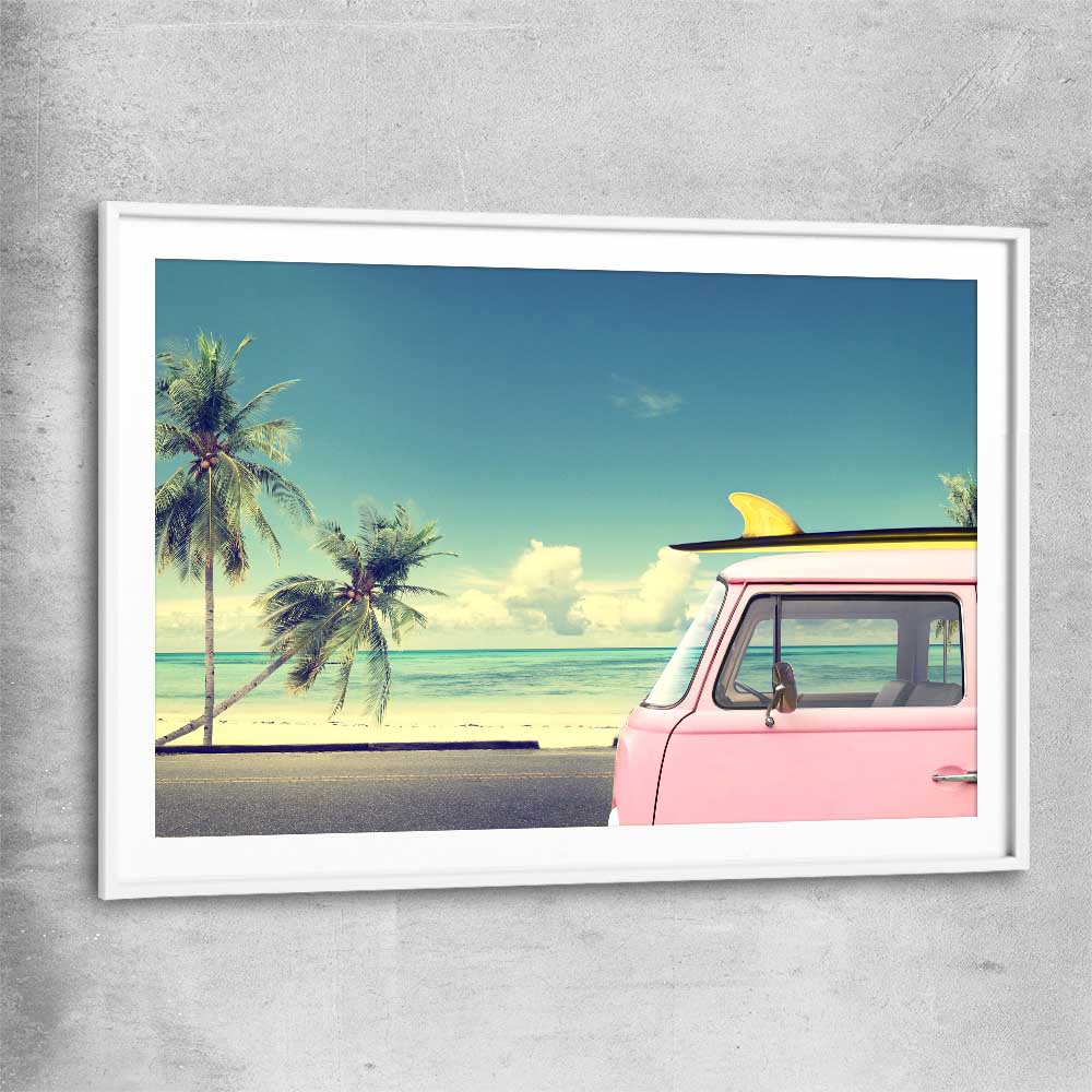 Beach and coastal wall art print of Pink Combi Surf with white glass front frame