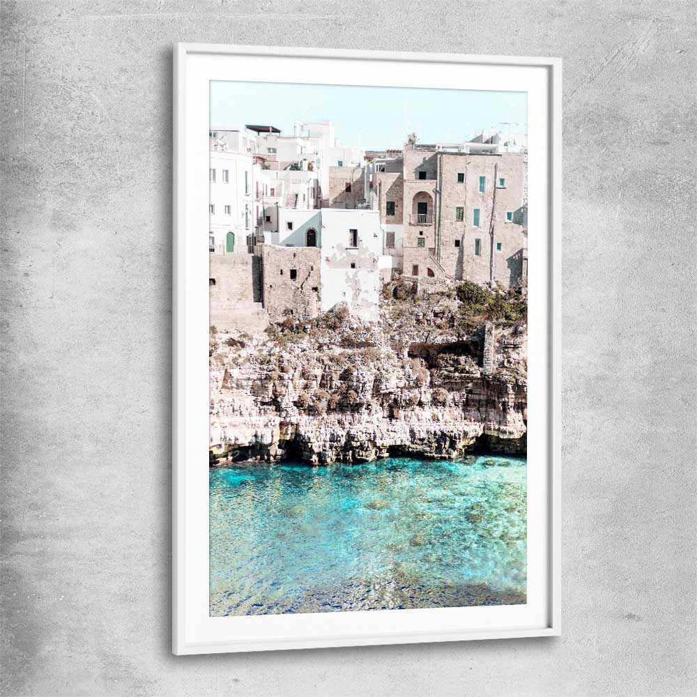 Beach and coastal wall art print of Polignano a Mare with white glass front frame
