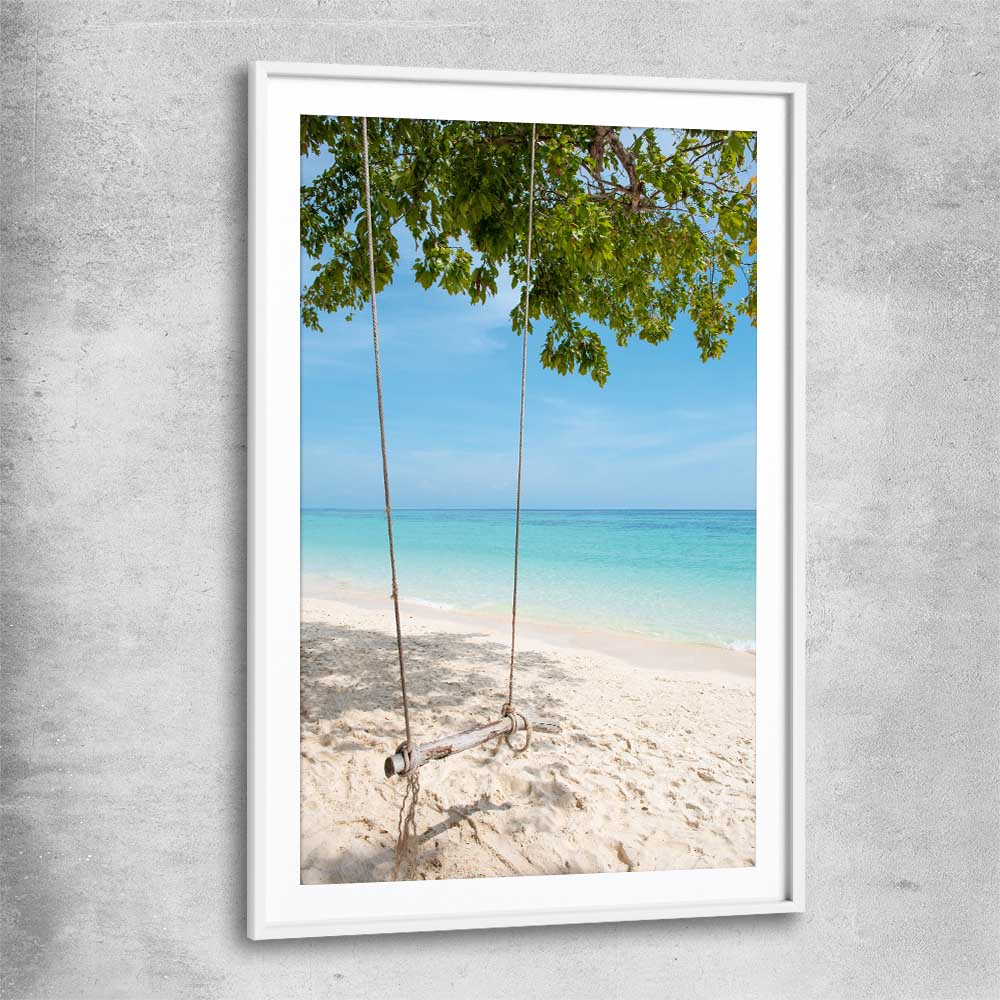 Beach and coastal wall art print of Pristine Beach Swing with white glass front frame