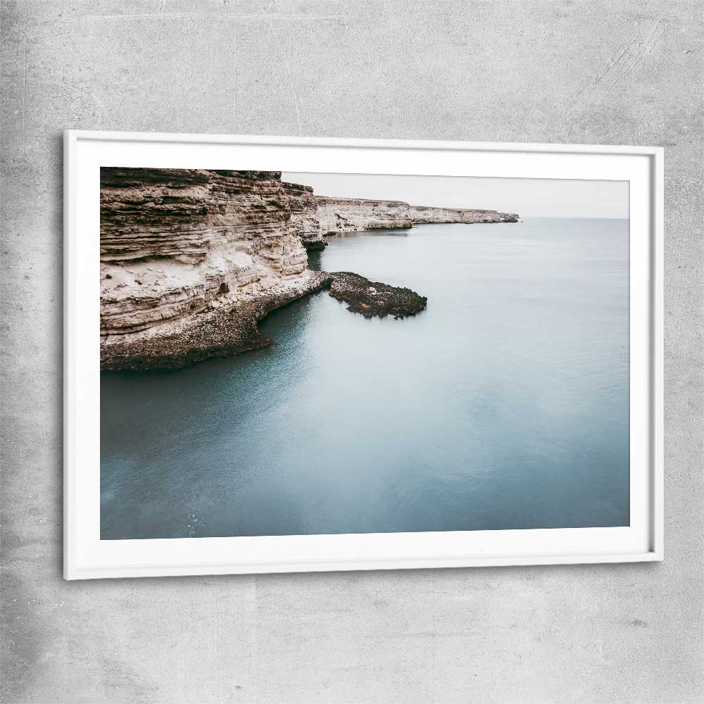 Beach and coastal wall art print of Quiet Waters with white glass front frame