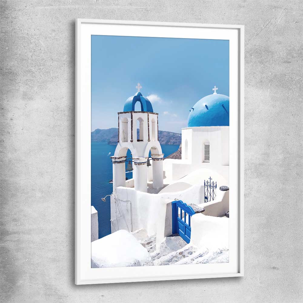Beach and coastal wall art print of Santorini Dreaming with white glass front frame