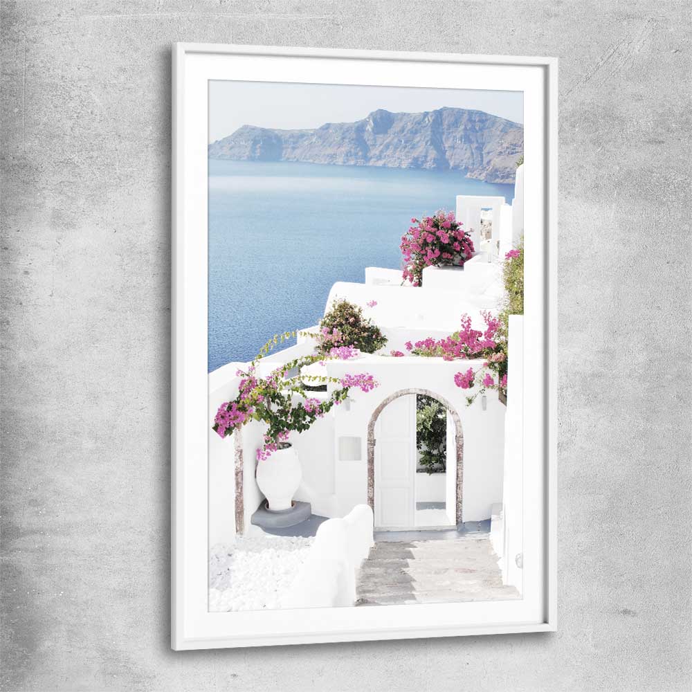 Beach and coastal wall art print of Santorini Island with white glass front frame