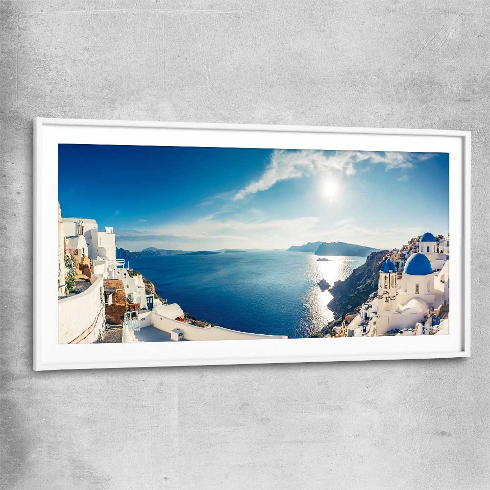Beach and coastal wall art print of Santorini Panorama with white glass front frame