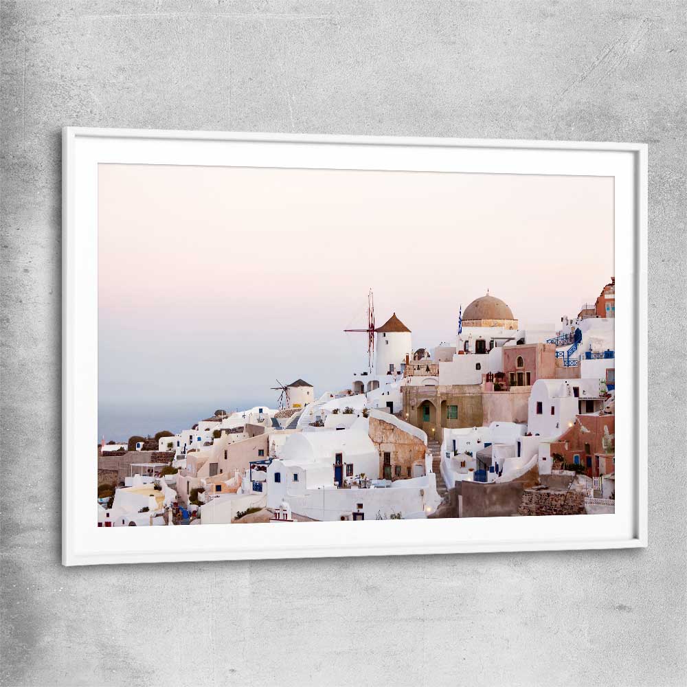Beach and coastal wall art print of Santorini Sunrise with white glass front frame