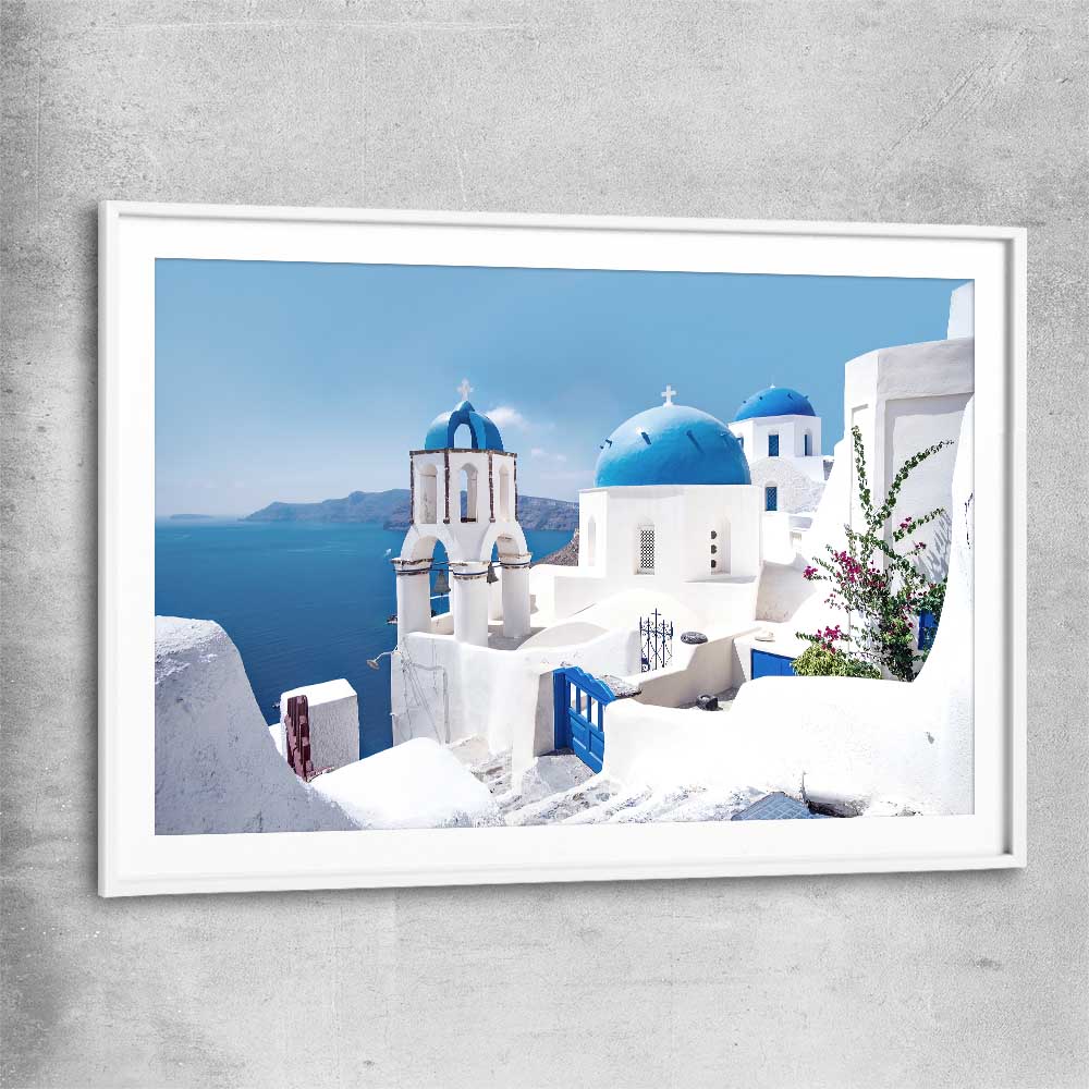 Beach and coastal wall art print of Santorini Views with white glass front frame