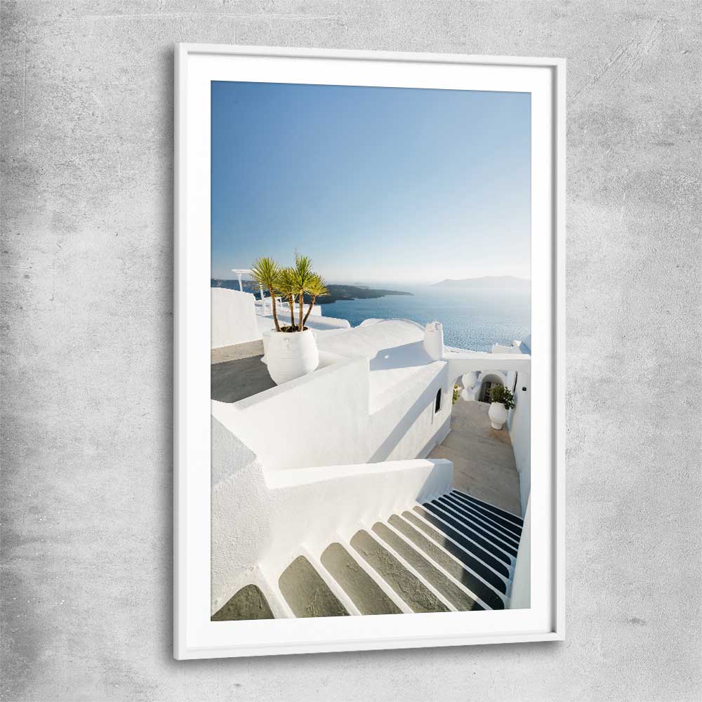 Beach and coastal wall art print of Santorini Walkway with white glass front frame