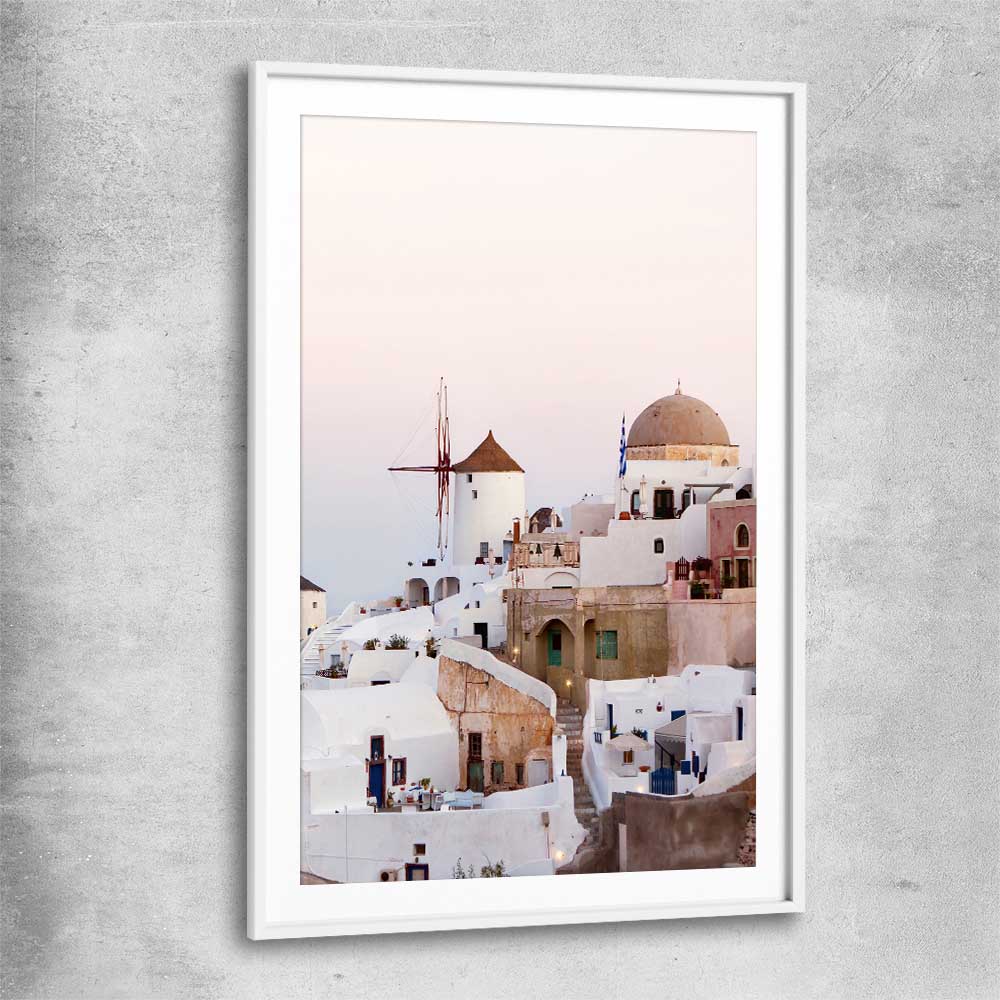Beach and coastal wall art print of Santorini Windmill with white glass front frame