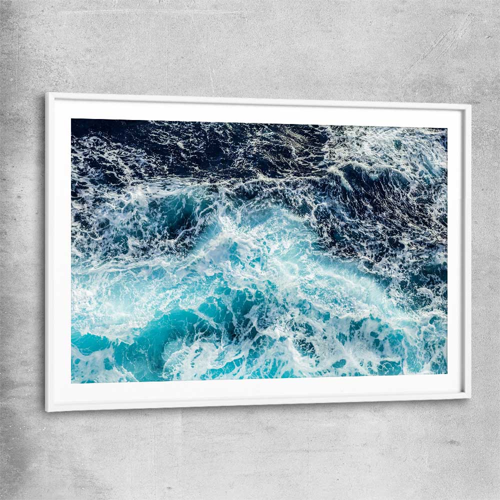 Beach and coastal wall art print of Sea Waves with white glass front frame
