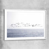 Beach and coastal wall art print of Seagull Flock with white glass front frame