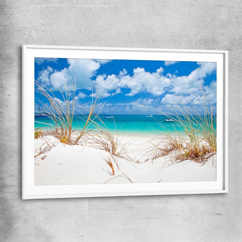 Beach and coastal wall art print of Serene Whitehaven Beach with white glass front frame