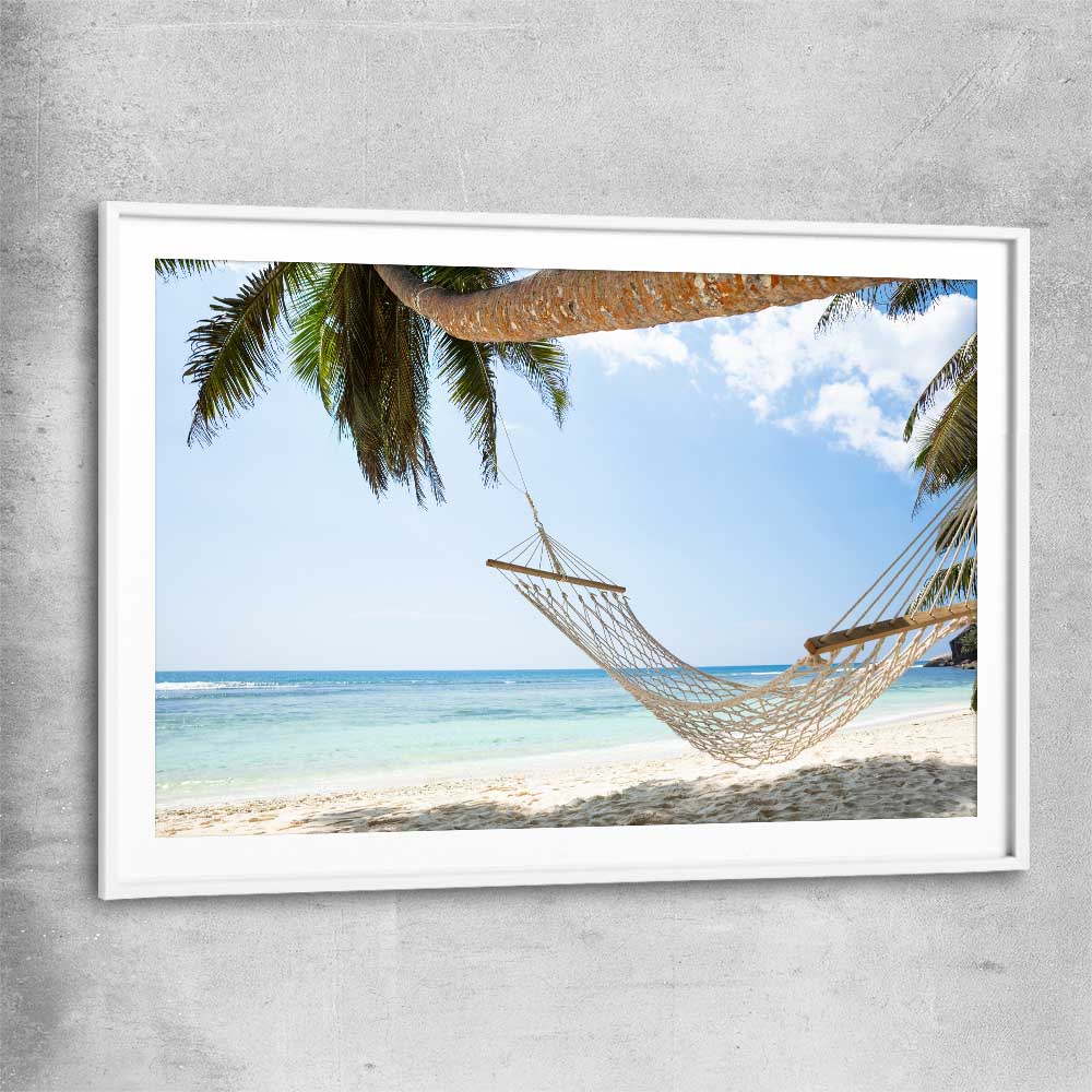 Beach and coastal wall art print of Seychelles Hammock with white glass front frame