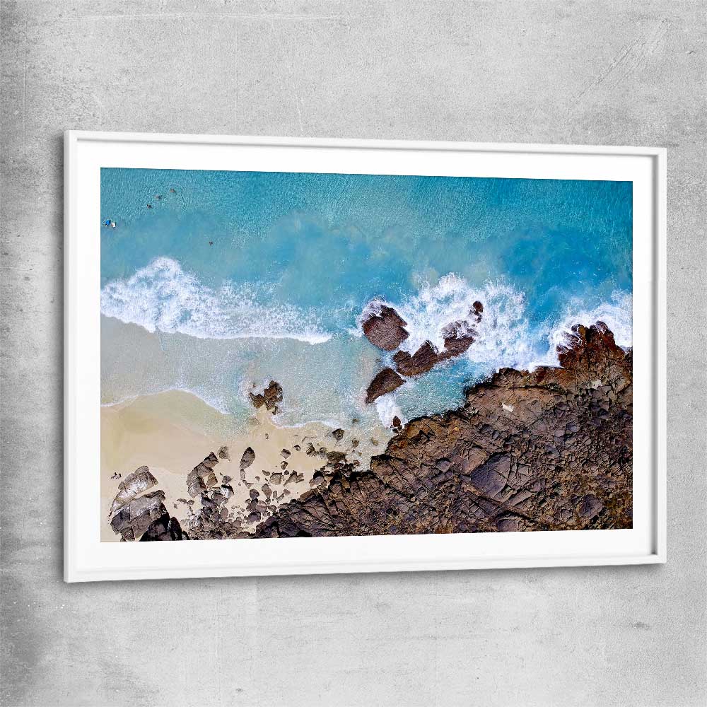 Beach and coastal wall art print of Smiths Beach with white glass front frame