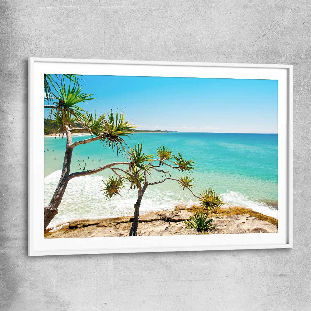 Beach and coastal wall art print of Stradbroke Island Beach with white glass front frame