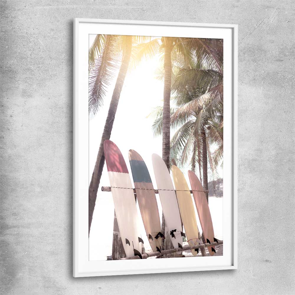 Beach and coastal wall art print of Surf Sunset with white glass front frame