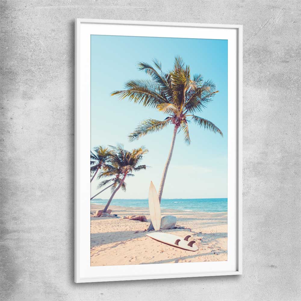 Beach and coastal wall art print of Surfing Break with white glass front frame