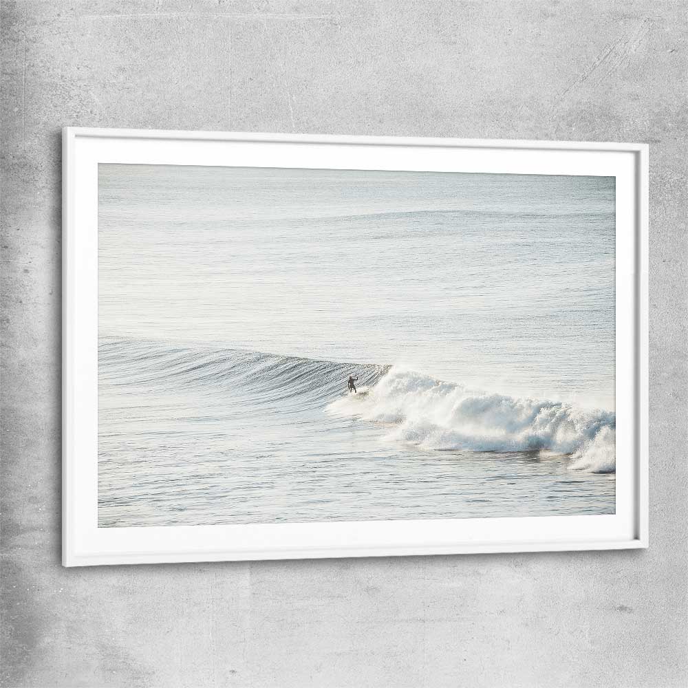 Beach and coastal wall art print of Surfing Waves with white glass front frame