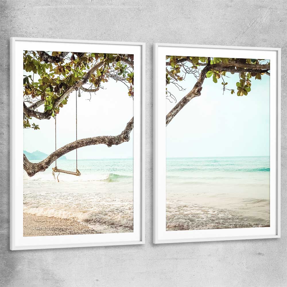 Beach and coastal wall art print of Tropical Beach Pair with white glass front frame