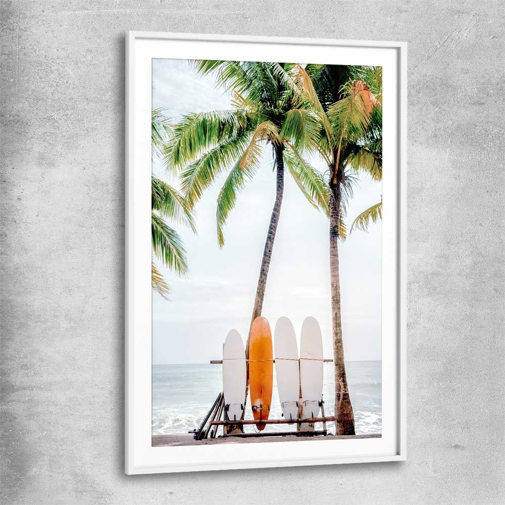 Beach and coastal wall art print of Tropical Surf with white glass front frame