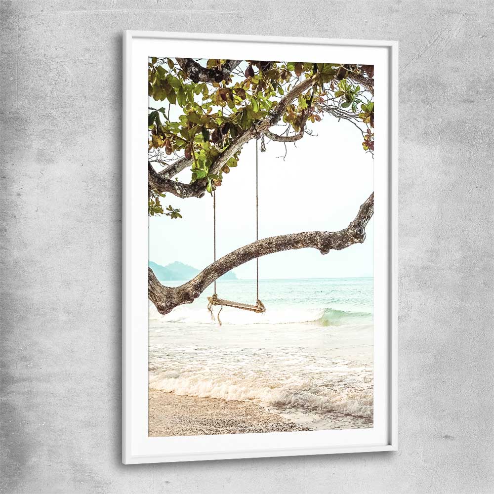 Beach and coastal wall art print of Tropical Swing with white glass front frame