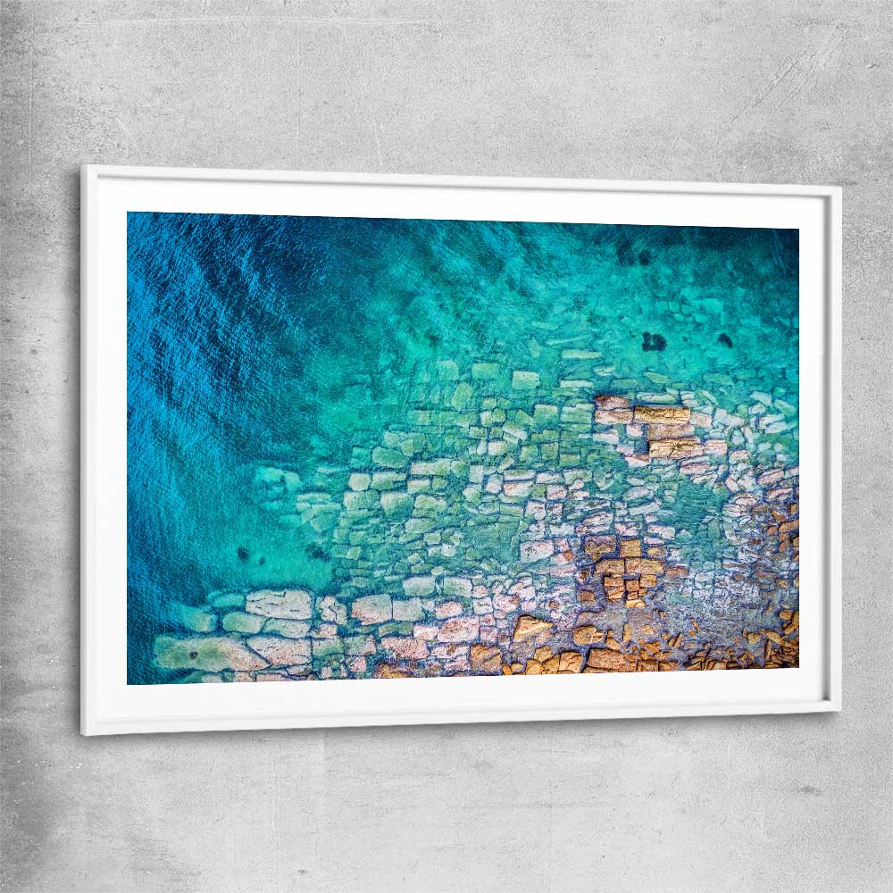 Beach and coastal wall art print of Watsons Bay Rocks with white glass front frame