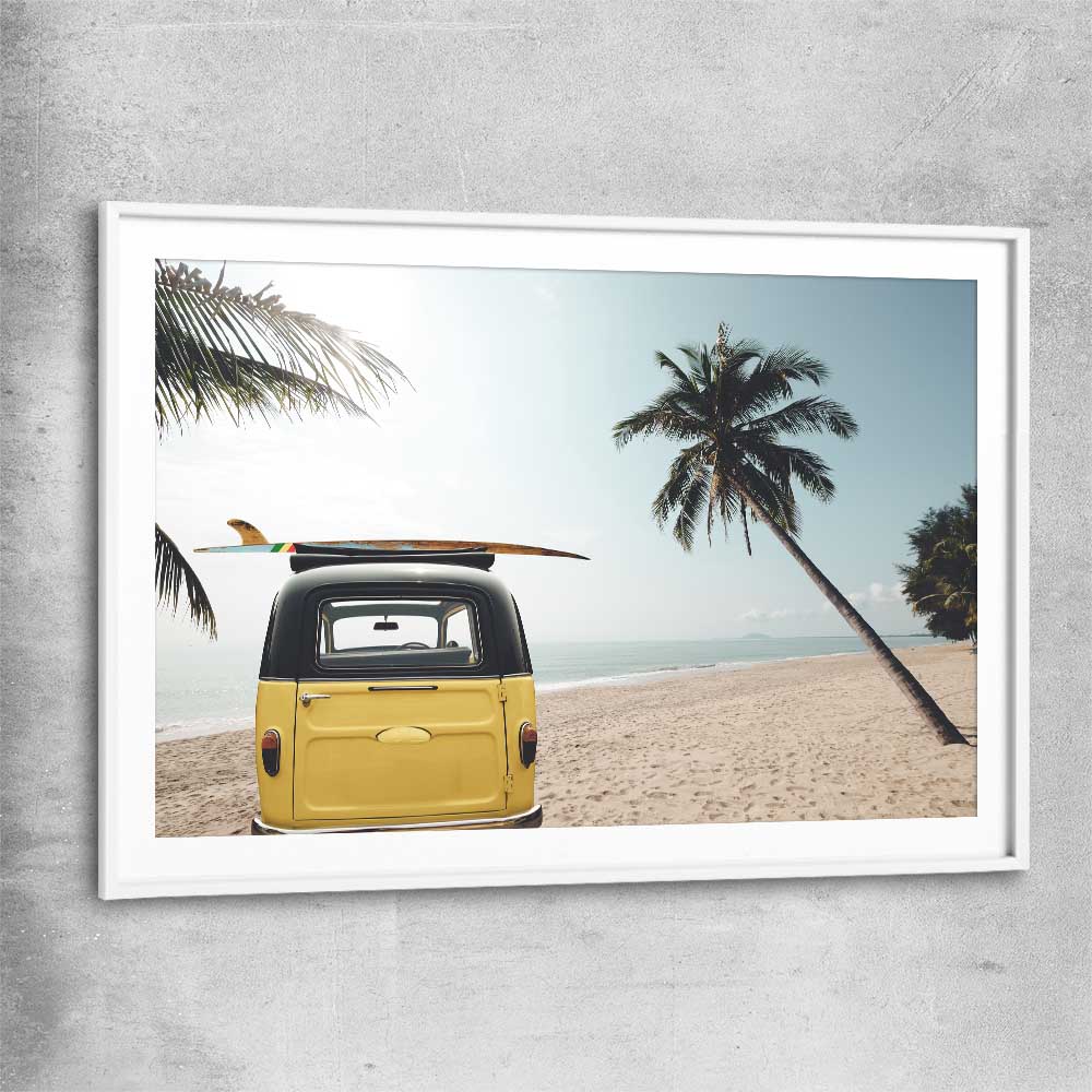 Beach and coastal wall art print of Yellow Combi Surf with white glass front frame
